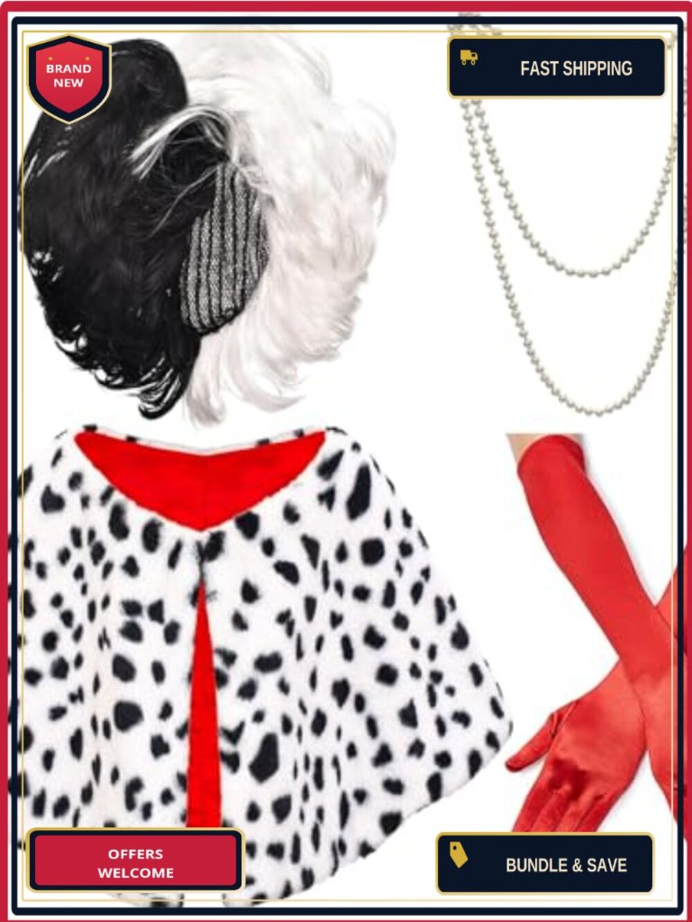 6 Piece Halloween Costume Set Dalmatian Shawl Red Gloves Wig Accessory Kit